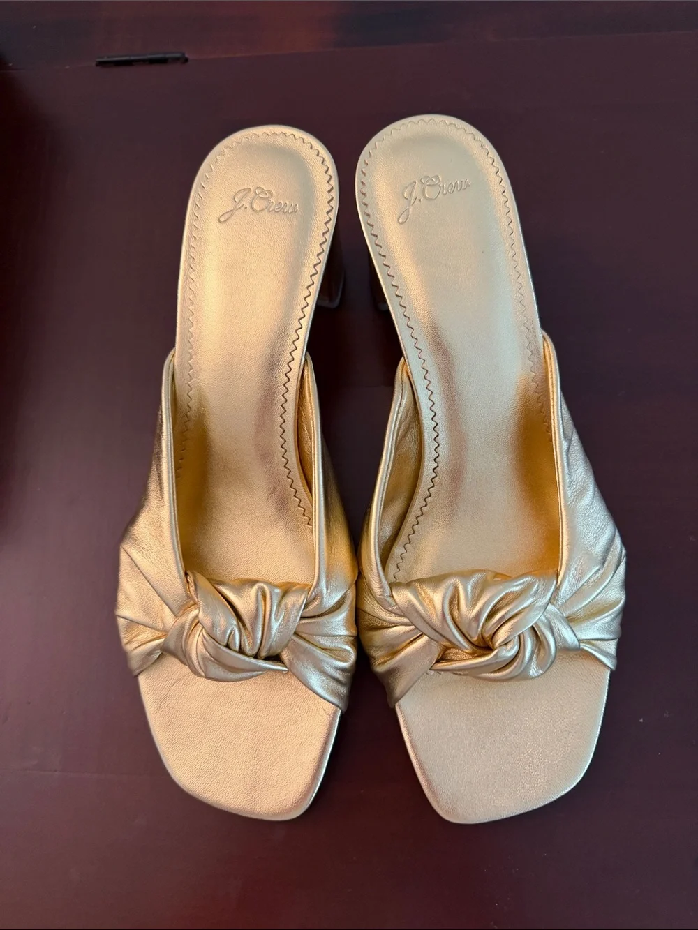 J. Crew Metallic Gold Knot Slide Block Heel Sandals